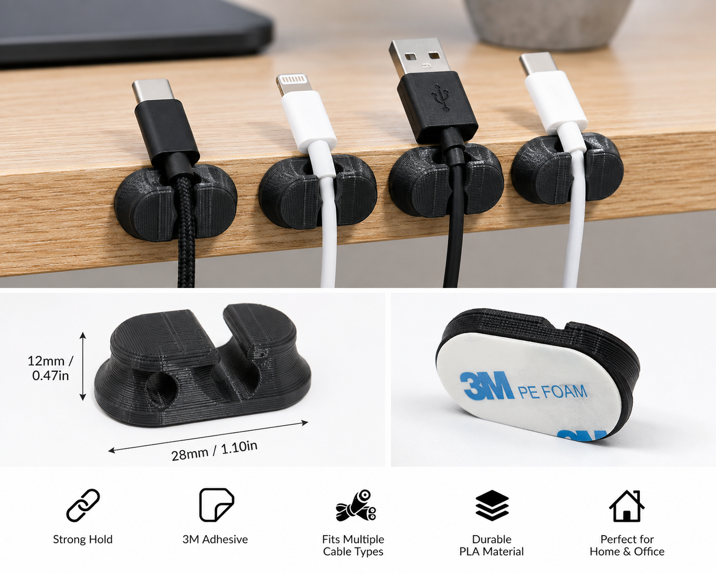 3D Printed Cable Management Clips (Pack of 5)